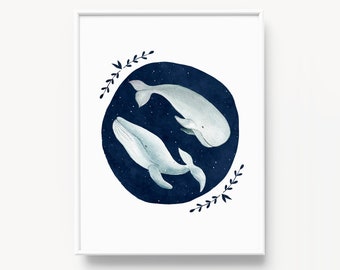 Celestial art prints, Night sky oceanic wall art, Printable wall art, Whales and leaves, Botanical prints, Celestial dreamy print, Whale art