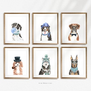 May include: Six watercolour paintings of dogs wearing different accessories. The dogs are a black and white pointer, a Bernese Mountain Dog, a Boxer, a Cavalier King Charles Spaniel, a Husky, and a Doberman Pinscher.