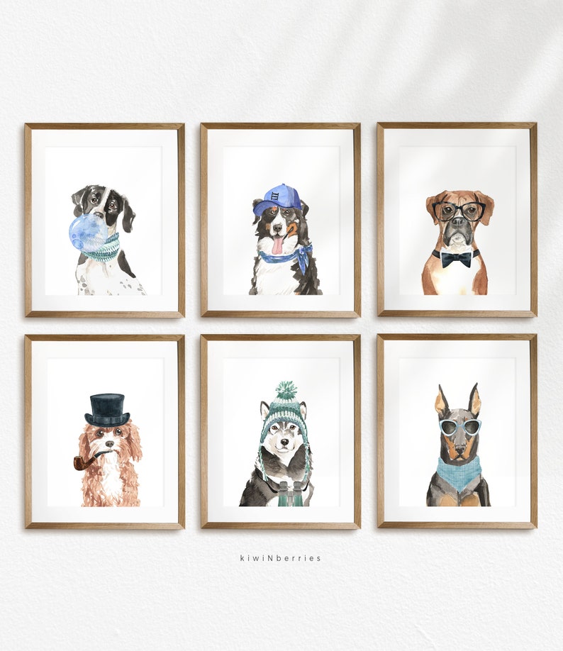 May include: Six watercolour paintings of dogs wearing different accessories. The dogs are a black and white pointer, a Bernese Mountain Dog, a Boxer, a Cavalier King Charles Spaniel, a Husky, and a Doberman Pinscher.