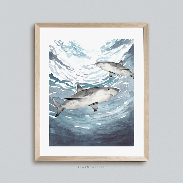 Shark Print, Watercolor White Shark Art, Kids room Decor, Underwater, Under the sea Ocean, Digital Printable Art, Shark Poster