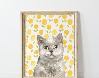 Impression de chat gris, affiche de fond excentrique, citrons oranges, décor de cuisine aux fruits, art imprimable de chaton, moderne vibrant, téléchargeable numériquement
