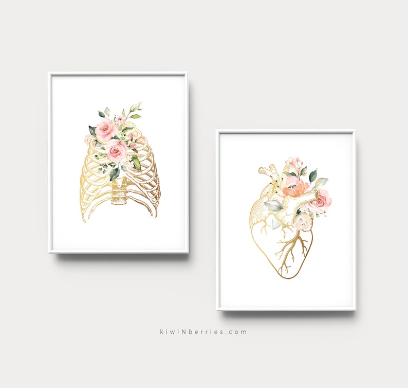 Puede incluir: Dos impresiones de arte imprimibles que presentan ilustraciones anat&oacute;micas doradas de una caja tor&aacute;cica y un coraz&oacute;n, cada una adornada con delicadas flores de acuarela rosa y blanca.