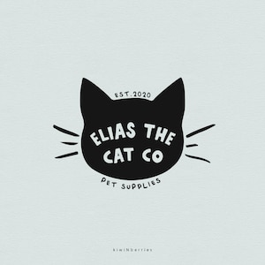 Puede incluir: Logotipo en blanco y negro para una empresa de suministros para mascotas llamada "Elias the Cat Co." con el texto "EST. 2020" y "Pet Supplies" debajo del logotipo.