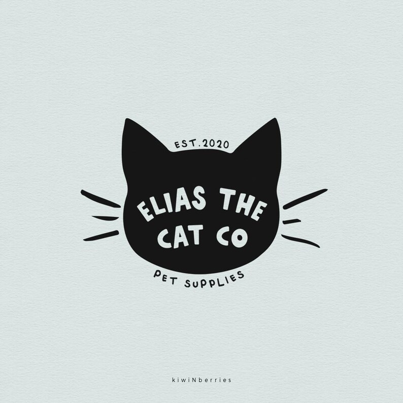 Puede incluir: Logotipo en blanco y negro para una empresa de suministros para mascotas llamada "Elias the Cat Co." con el texto "EST. 2020" y "Pet Supplies" debajo del logotipo.