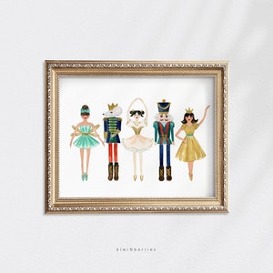 May include: A watercolour illustration of five characters from the Nutcracker ballet. The characters are a ballerina in a green tutu, a mouse king in a red and gold uniform, a ballerina in a white tutu, the Nutcracker in a blue and gold uniform, and a ballerina in a gold tutu. The illustration is framed in a gold frame.