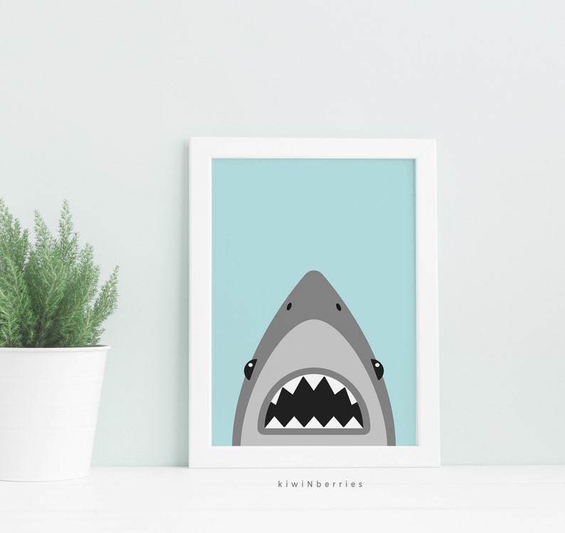 Shark art print  Blue and grey shark print  Boys room decor image 0