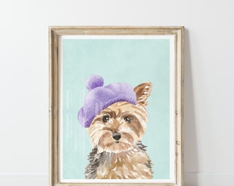 Yorkshire Terrier Print Digital, Printable Girls room, Fun Colorful Art, Yorkie Dog with a hat, Turquoise aqua purple, Playroom Decorations