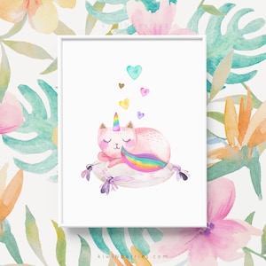 Girl's wall art, Printable unicorn wall art, Unicorn posters, Fun Cats, Kitten prints, Cat prints, Kids art prints, Rainbow colorful fun