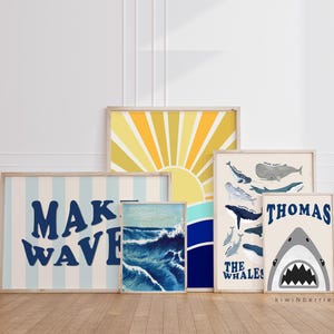 Láminas de surf para niños, arte imprimible para hacer olas, cuadro de especies de ballenas, ballenas del mundo, nombre de niño personalizado, juego de pósteres sobre el océano