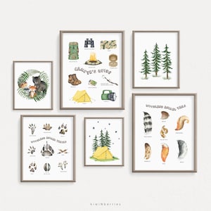 Camping Wandkunst, Kinderzimmer Dekor, druckbar digital, Outdoorsy Kids, Camp Forest Woods, Kiefernbäume, Tierspuren, Drucke Poster