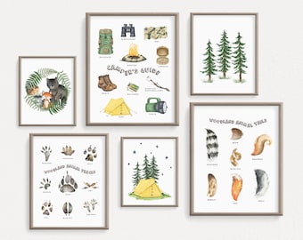 Set of 6 Camp Prints, Boy Room Decor, Camping Posters, Camp Animal Tracks, Campers Guide Printable, Kids Gallery Wall, Toddler Outdoorsy Art