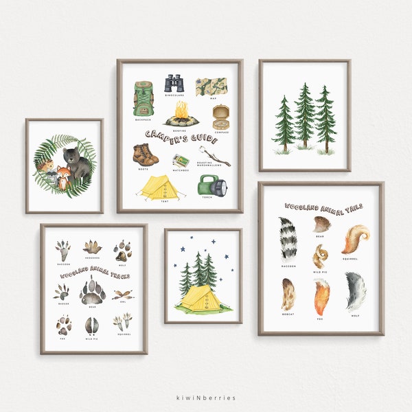 Set of 6 Camp Prints, Boy Room Decor, Camping Posters, Camp Animal Tracks, Campers Guide Printable, Kids Gallery Wall, Toddler Outdoorsy Art