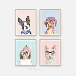 Set of 4 Puppy Posters, Pastel Soft Tones, Colorful Dog Wall Art, Digital Decor for a girls room, Dog Breeds Portrait, Fun Girls room Decor