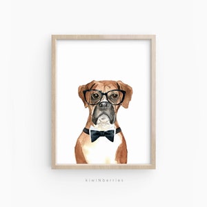 May include: Watercolour painting of a brown and white boxer dog wearing black-rimmed glasses and a black bow tie. The dog is looking directly at the viewer.