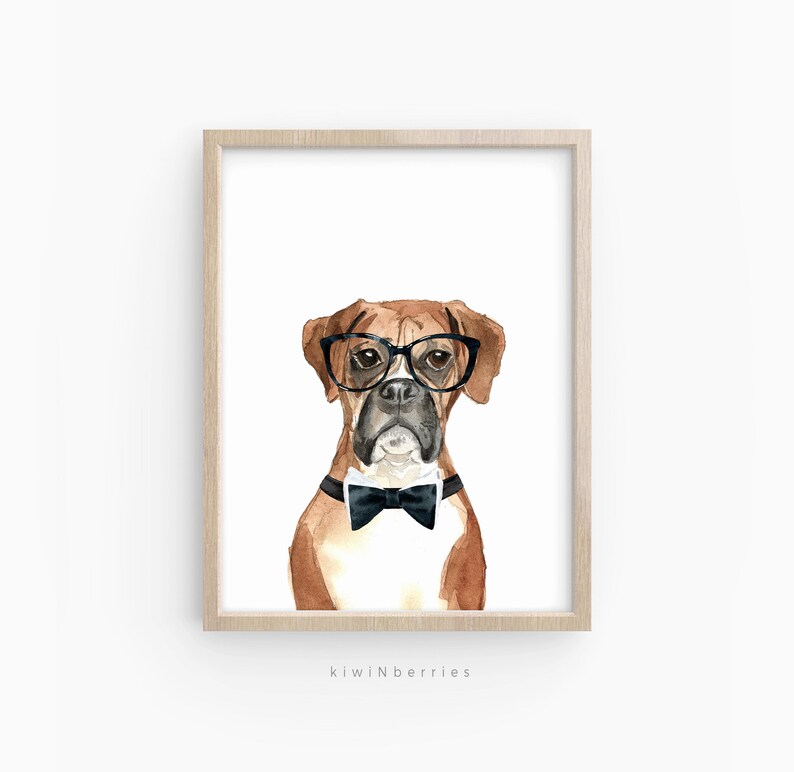 May include: Watercolour painting of a brown and white boxer dog wearing black-rimmed glasses and a black bow tie. The dog is looking directly at the viewer.