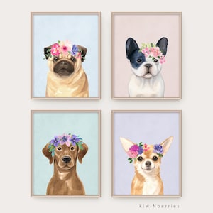 May include: Four framed watercolor prints featuring dogs wearing flower crowns. The dogs include a pug, a French bulldog, a Labrador, and a Chihuahua. Each print has a different pastel background color, and the frames are a light brown color.