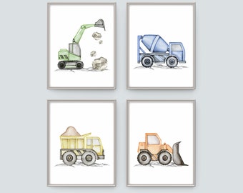 Construction Trucks Prints, Printable DIY Art, Boys Room Decor, Vehicles Art Print, Set of 4 colorful Trucks, Boys Nursery Decor,