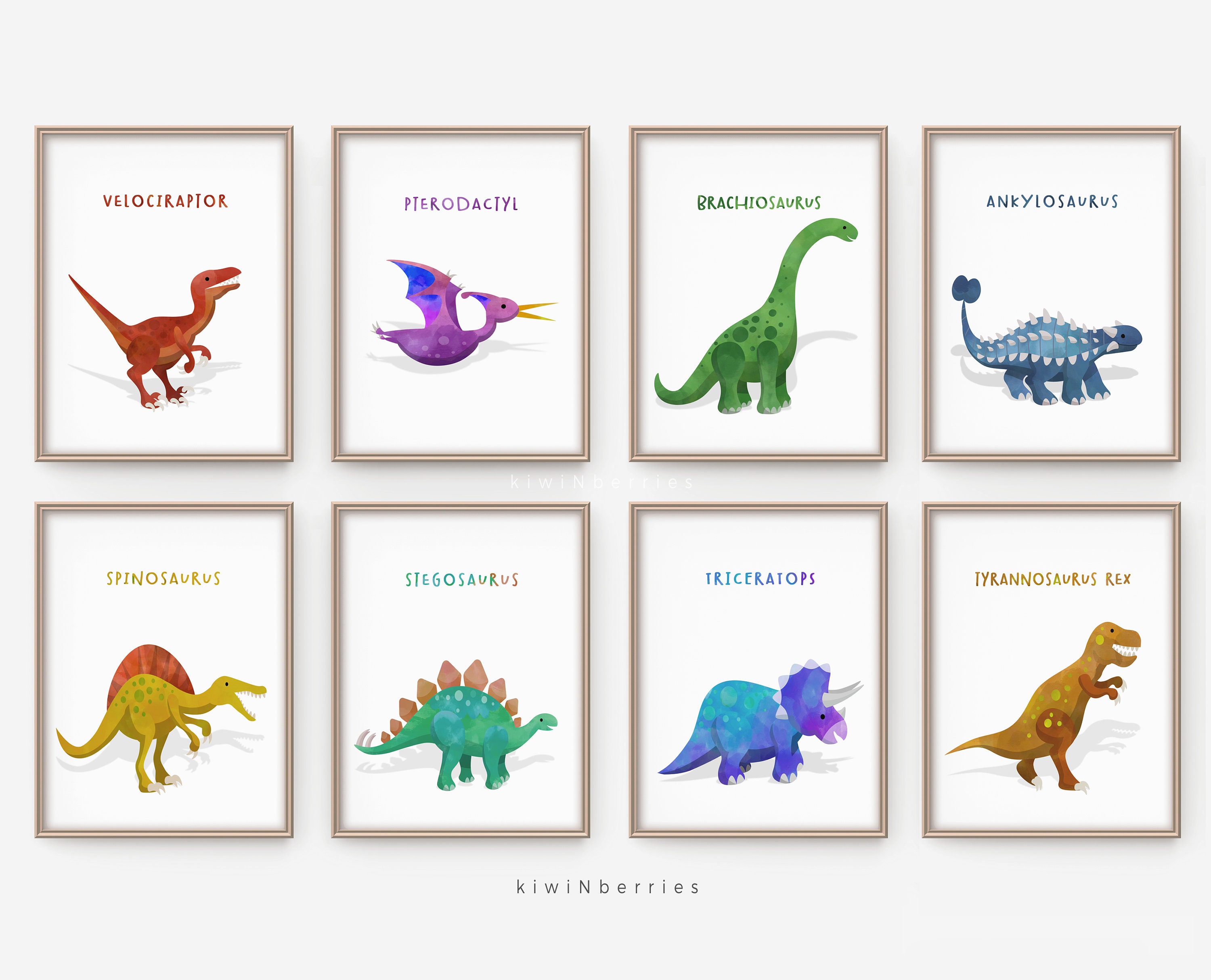 Dinosaur prints, Dinosaur printable art, Boys room decor, Boys room wall art, Colorful dinos, Dinosaur illustrations, Tyrannosaurus Rex