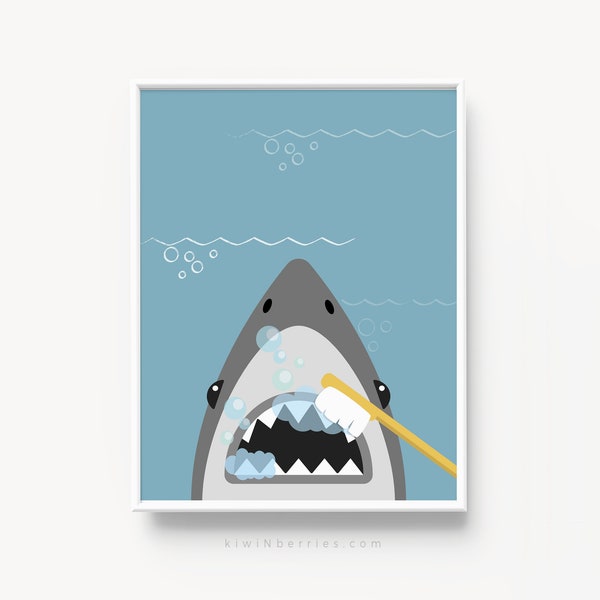 Shark Brushing Teeth Print: Kids Bathroom Wall Art (Digital Download)