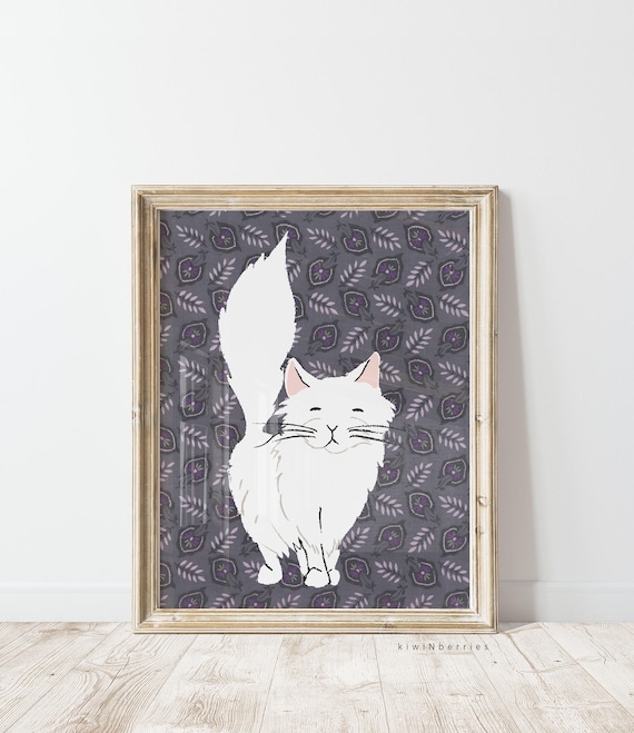 白猫のデジタルアート 白猫アートプリント：ヴィンテージふわふわ猫のイラスト（デジタル