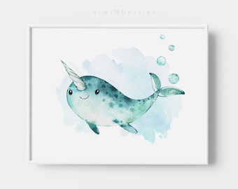 Narwhal print, Ocean themed nursery, Nautical sea nursery, Kids room decor, Ocean animals, Whale shark narwhal, Watercolor wall art