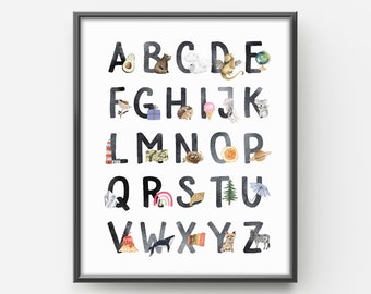 ABC Poster, Watercolour Alphabet, Playroom Decor, Nursery Wall Art, Rainbow Nursery Alphabet, Printable Digital, Fun educational Prints