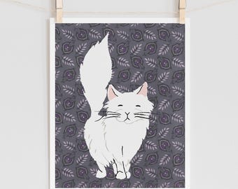 白猫アートプリント：ヴィンテージふわふわ猫のイラスト（デジタル