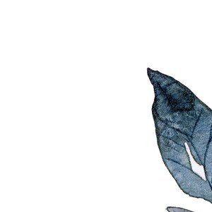 May include: Watercolour painting of blue leaves on a white background. The leaves are arranged in a corner of the image, with the majority of the space being white.