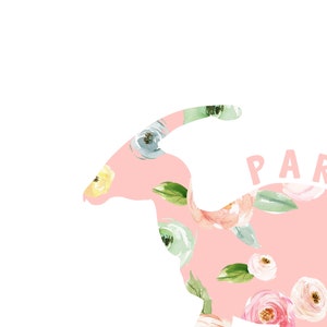 May include: A pink floral silhouette of a dinosaur with the word "Party" in white text.