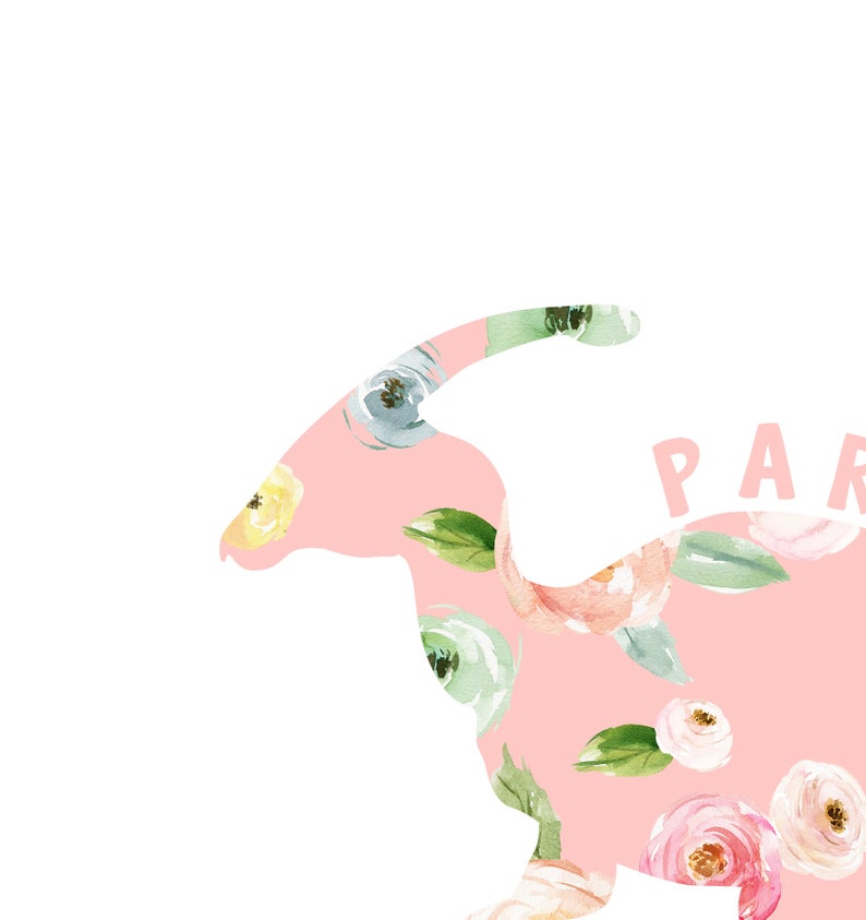 May include: A pink floral silhouette of a dinosaur with the word "Party" in white text.