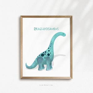 May include: A printable art print featuring a blue and green Brachiosaurus dinosaur with black spots. The dinosaur is standing on a white background with the word "Brachiosaurus" written in black at the top of the print. The print is framed in a light brown frame.