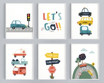 Transportation wall art, Car nursery decor, Boy room car decor, Set of 6 Car printables, Vehicle Prints, Boys nursery art, Vehicle art print