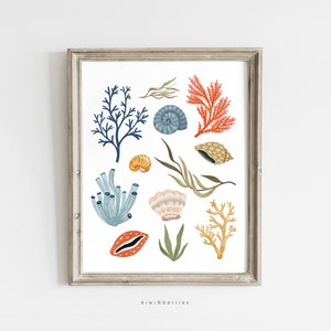 Corals and Seashells print, Marine Ocean Art Prints, Digital Printable, Red Blue yellow, Fun Sea Posters