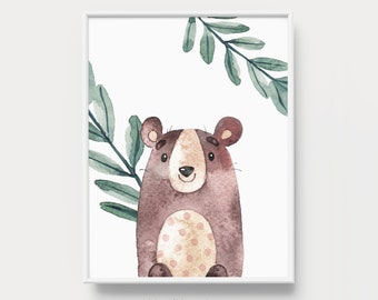 Woodland animal art - Watercolor bear print - Woodland nursery - Nursery wall art - Cute baby girl art- Watercolor nursery - Baby room decor