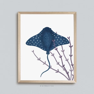 Manta Ray Arte De Pared Imprimible, Póster De Raya, Impresión De Rayos Marinos, Niños Niños Pequeños, Decoración De La Habitación Del Bebé, Verde Y Azul, Animales Oceánicos, Costero
