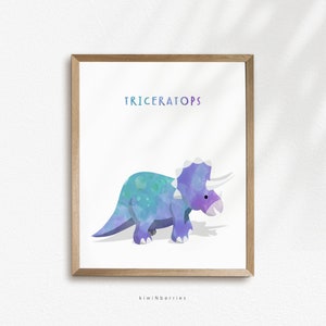May include: A watercolor illustration of a purple and blue Triceratops dinosaur with white horns and a white background. The text "TRICERATOPS" is above the dinosaur. The text "kiwiNberries" is below the dinosaur.