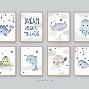 Sky and Sea Nursery Prints, Printable Wall Art, Baby room Decor, Baby Shower Gift, Neutral Nursery, Cute Ocean Animals, Stars Marine