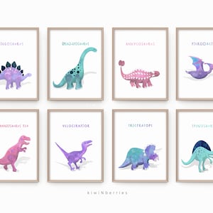Décoration de chambre pour filles, Impressions de dinosaures pour filles, Ensemble de 8 dinosaures, Art mural de fille de dinosaure, Sarcelle rose pourpre, Éducatif, Affiches de dinosaures
