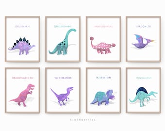 Girls room decor, Dinosaur Prints for Girls, Set of 8 Dinosaurs, Dinosaur girl wall art, Pink purple teal, Educational, Dinosaur Posters