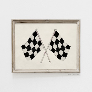 Puede incluir: Una impresión enmarcada de dos banderas a cuadros en blanco y negro cruzadas. Las banderas están sobre un fondo blanco con un marco marrón claro.