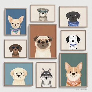 Dog Gallery Wall Prints, Fun Dogs printable Art, Dog Art Posters, Kids Room Decor, Children Gender Neutral, Puppy Breeds, Set of 9