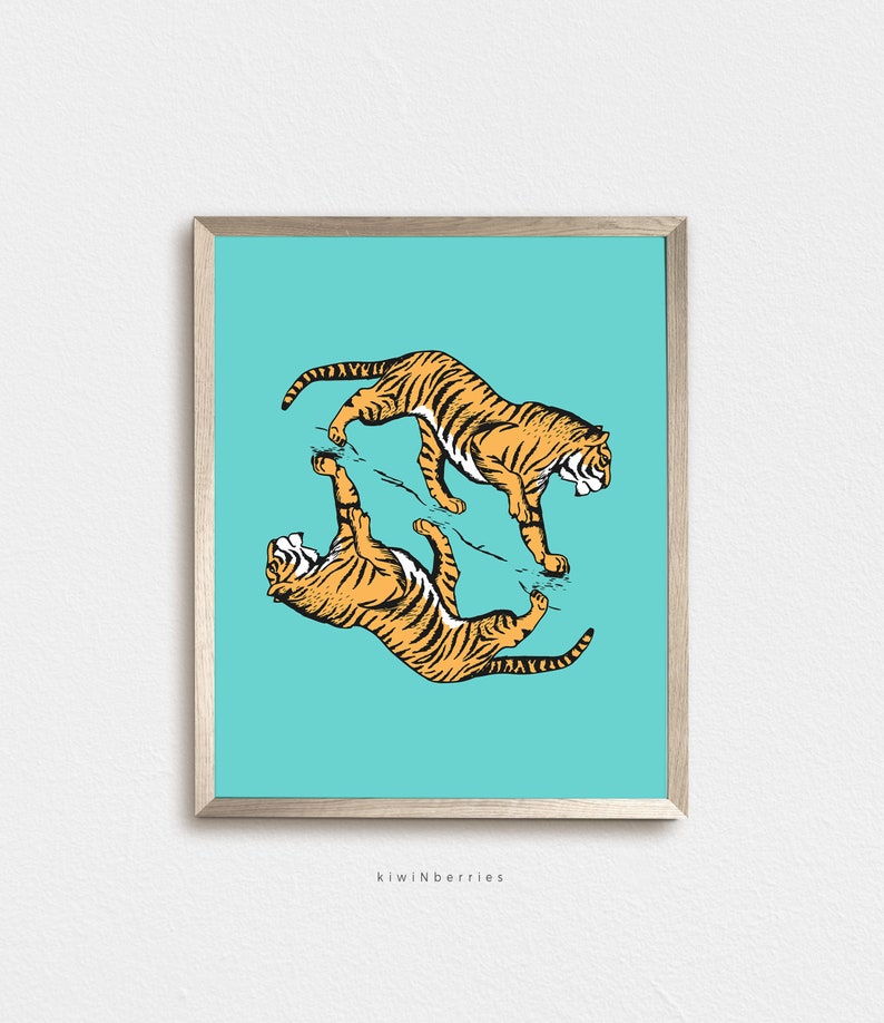 Boys Room Decor, Play Room Wall Art, Aqua Orange, Tiger Printable Art