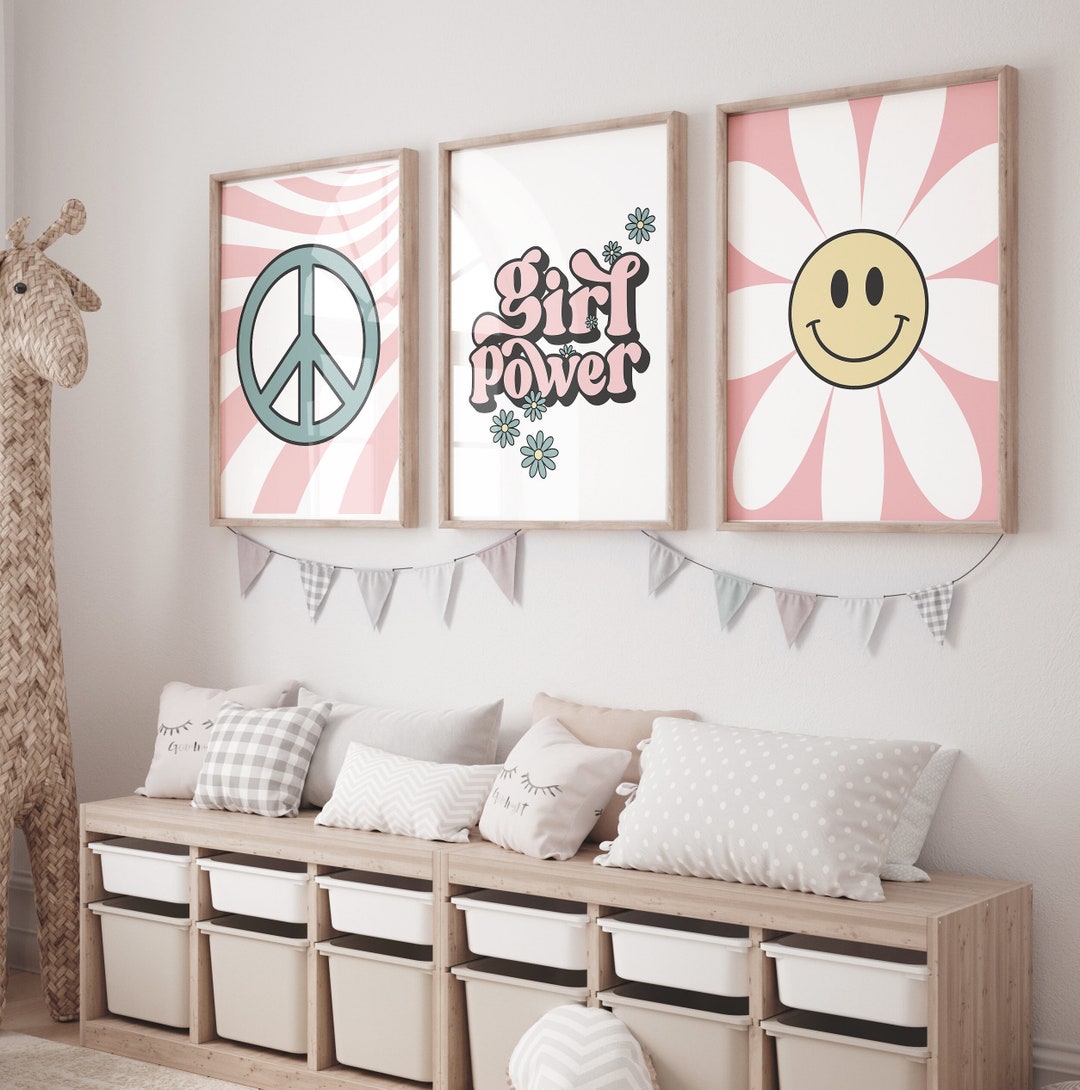 Girls Room Decor Prints: Retro Flower Power, Peace Sign (digital