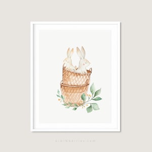 Rabbits on a basket, Neutral nursery decor, Earthy bohemian nursery, Printable nursery art, Boho nursery art, nursery wall art