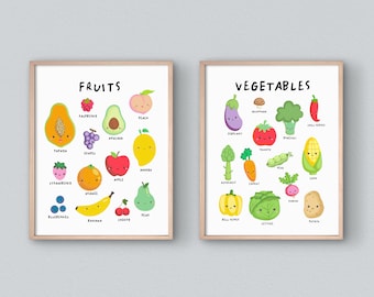 May include: Two colorful educational posters with illustrations of fruits and vegetables. The poster on the left features fruits like papaya, grapes, avocado, peach, mango, apple, orange, strawberries, blueberries, banana, and cherry. The poster on the right features vegetables like eggplant, mushroom, broccoli, chili pepper, tomato, peas, corn, asparagus, carrot, cabbage, radish, and potato.