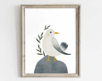 Seagull Print, Gull Standing on a Rock, Coastal Decor, Kids Printable Art, Seagull Poster, Neutral colors