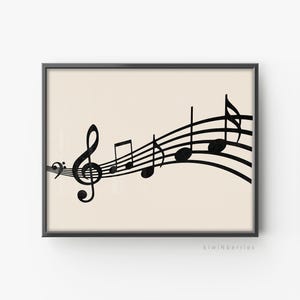 May include: Black and white illustration of musical notes and a treble clef on a beige background. The notes are arranged in a flowing pattern, creating a sense of movement and rhythm.