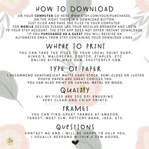 May include: A pink and white floral background with text explaining how to download and print digital files. The text includes information about file quality, paper types, and where to find frames. The text also includes the website address www.kiwinberries.com.
