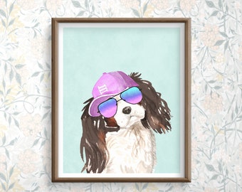 Puppy Breeds Prints, King Charles Dog Art Digital, Aqua Dog poster, Funny Prints for Playroom, Girl Dog Art, Printable Puppy Illustration
