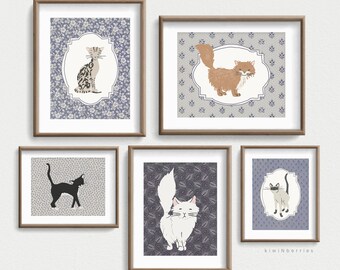Boho Cat Illustration Prints: Whimsical Cottagecore Wall Art (Digital Download)